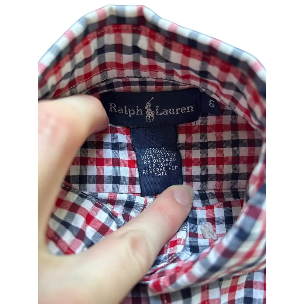 Ralph Lauren Boys Size 6 Red Navy White Plaid Button Down Shirt